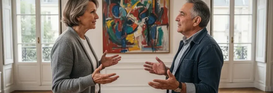 Deux personnes admirant une œuvre d'art contemporain dans un intérieur annécien chaleureux