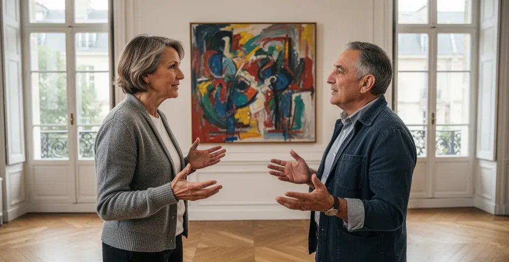 Deux personnes admirant une œuvre d'art contemporain dans un intérieur annécien chaleureux
