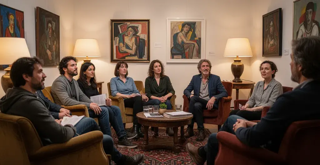 Petit groupe partageant un moment artistique dans un espace intimiste annécien