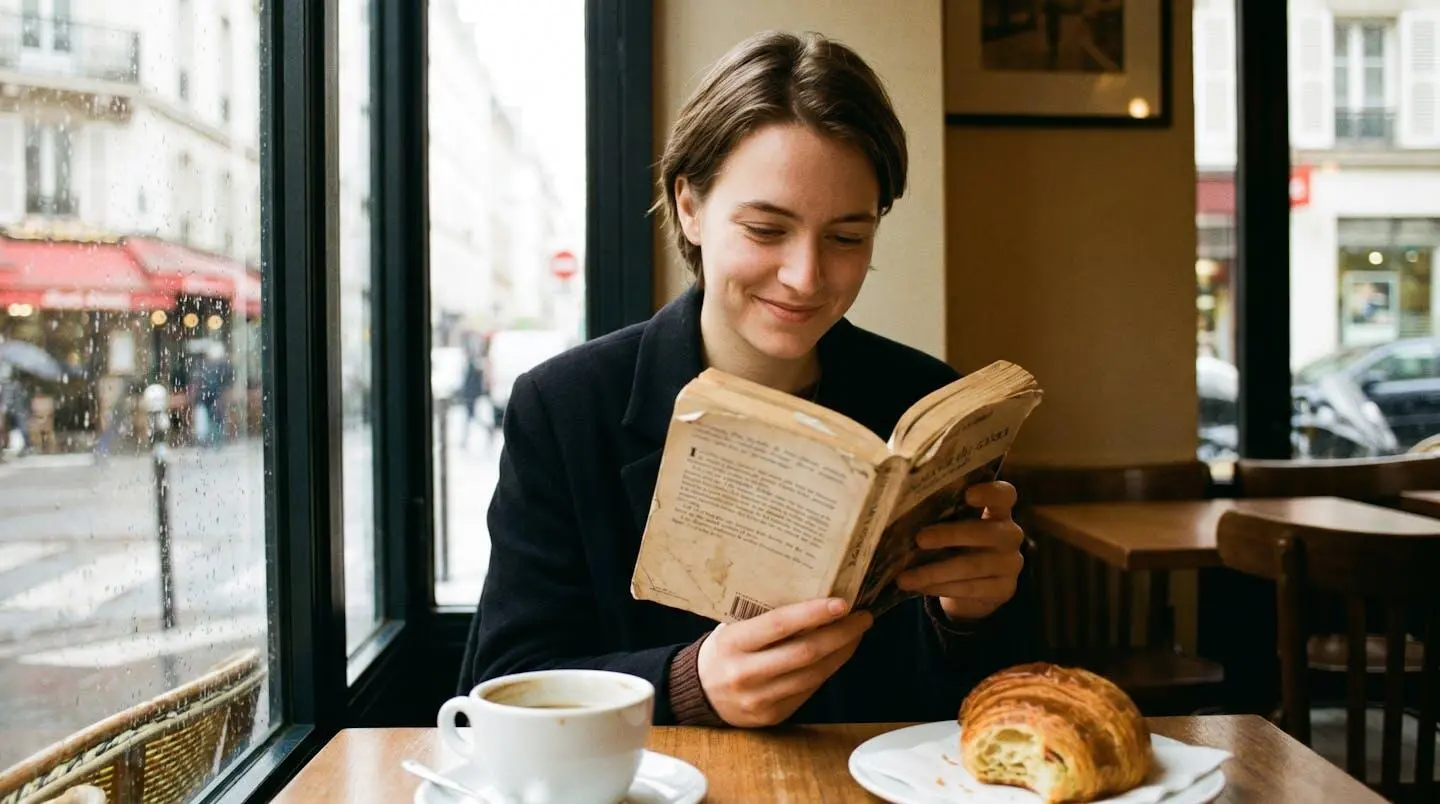 Lecteur contemporain tenant un exemplaire de L'Écume des jours dans un café parisien, évoquant la permanence de l'œuvre de Vian